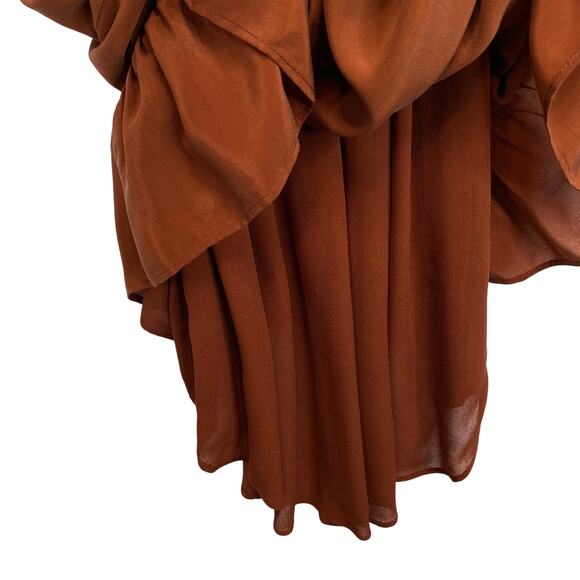 LOVE SAM Blixen Smocked Dress  Sz S 100% Silk Cognac Brown Ruffles Boho Cowgirl - Picture 10 of 14
